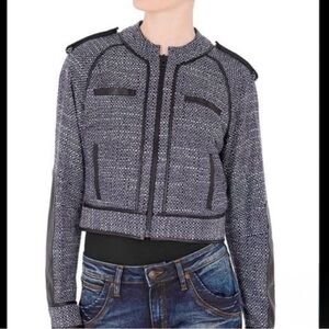 Sass & Bide Oh Yes Boucle Navy White Tweed Moto Jacket Black Leather Trim Size 4